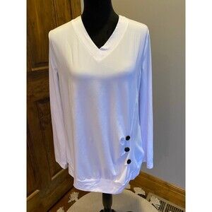 Women’s White Size XL V Neck Long Sleeve Stretch Pullover Faux Wrap Top Blouse